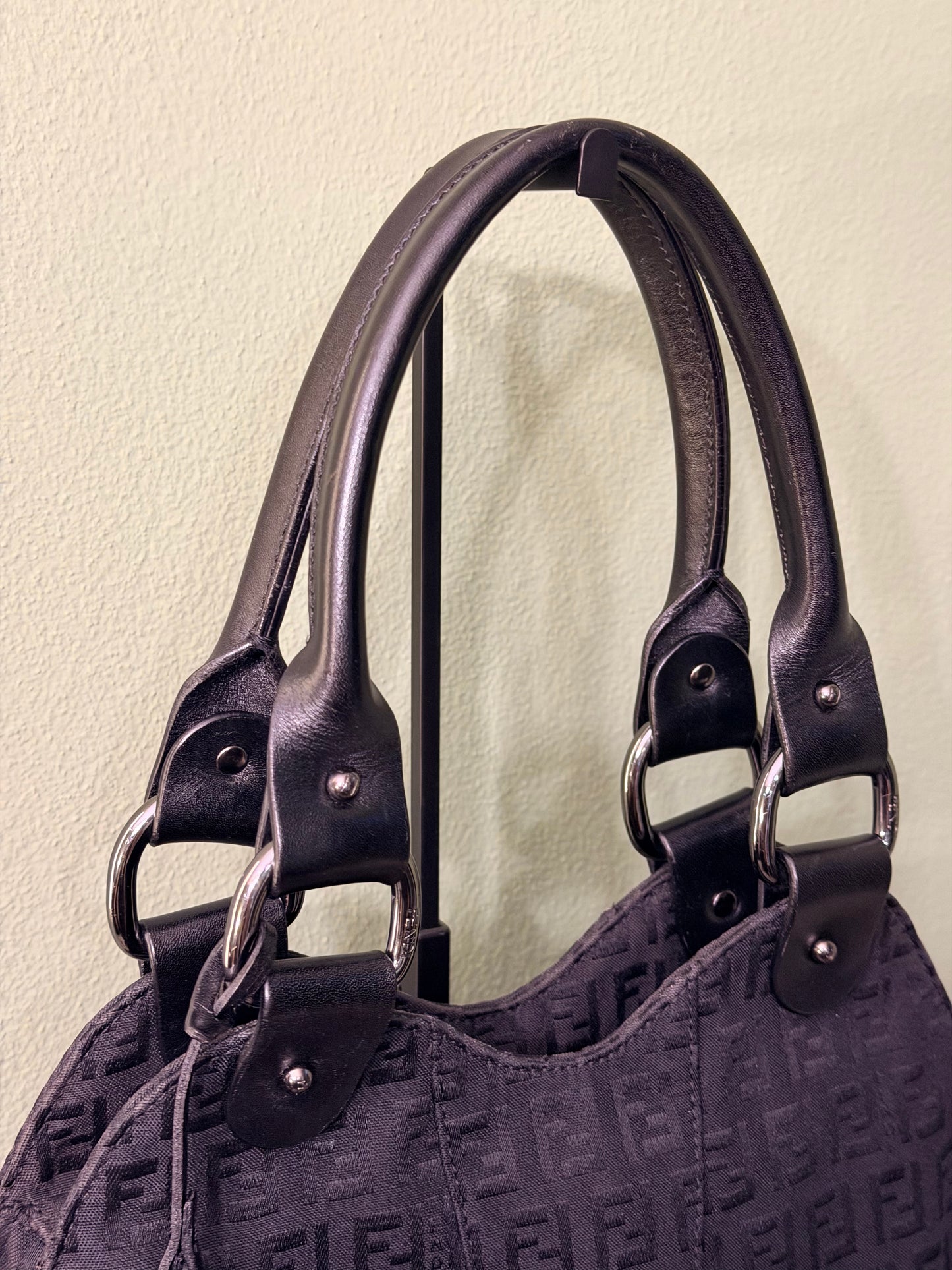 FENDI BLACK ZUCCHINO DEVIL TRAPEZOIDAL HANDBAG