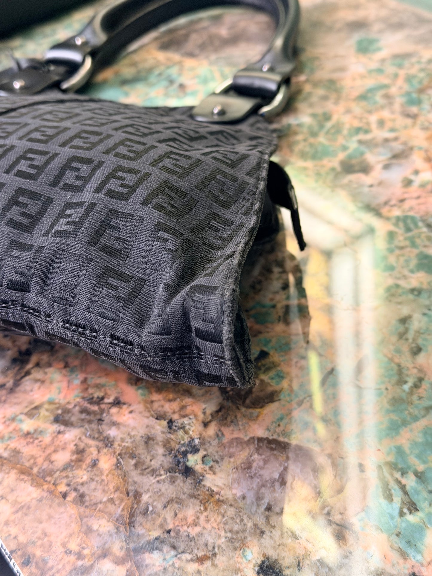 FENDI BLACK ZUCCHINO DEVIL TRAPEZOIDAL HANDBAG