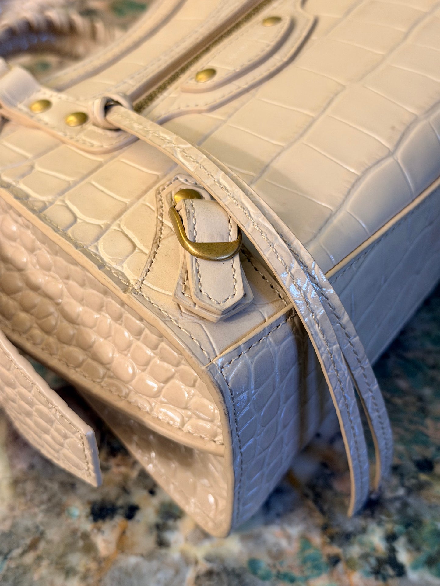 BALENCIAGA BEIGE EMBOSSED CROCODILE MINI NEO CITY HANDBAG