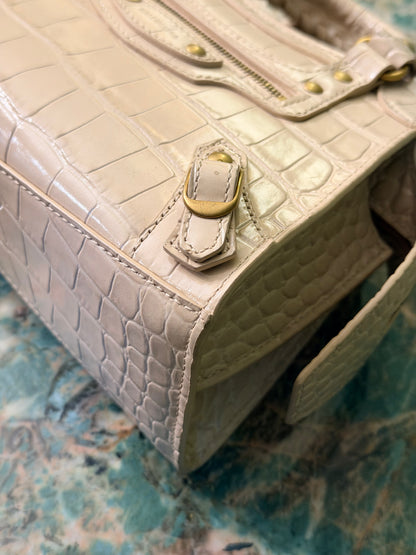 BALENCIAGA BEIGE EMBOSSED CROCODILE MINI NEO CITY HANDBAG