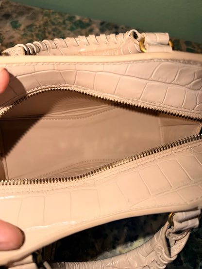 BALENCIAGA BEIGE EMBOSSED CROCODILE MINI NEO CITY HANDBAG