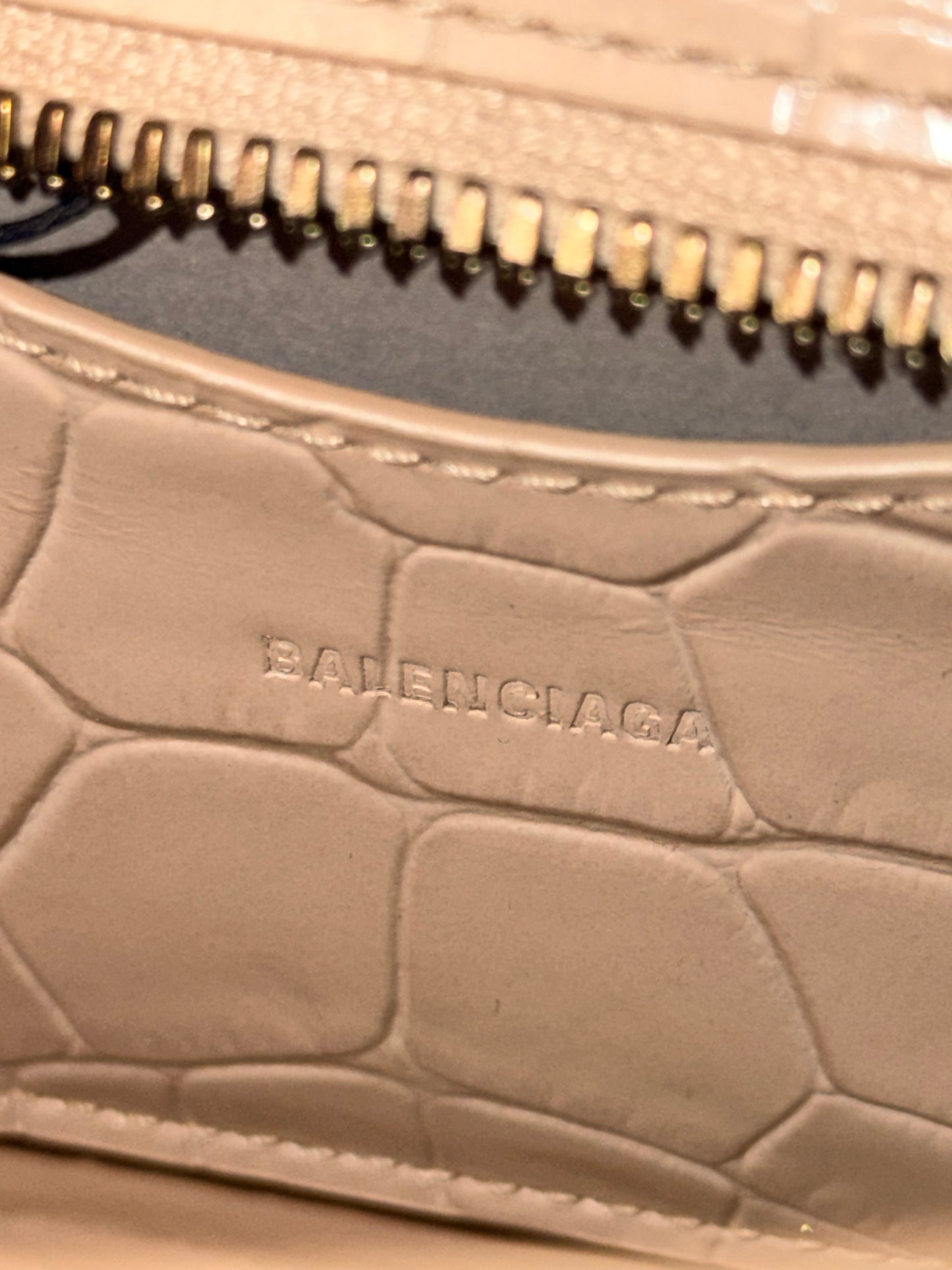 BALENCIAGA BEIGE EMBOSSED CROCODILE MINI NEO CITY HANDBAG