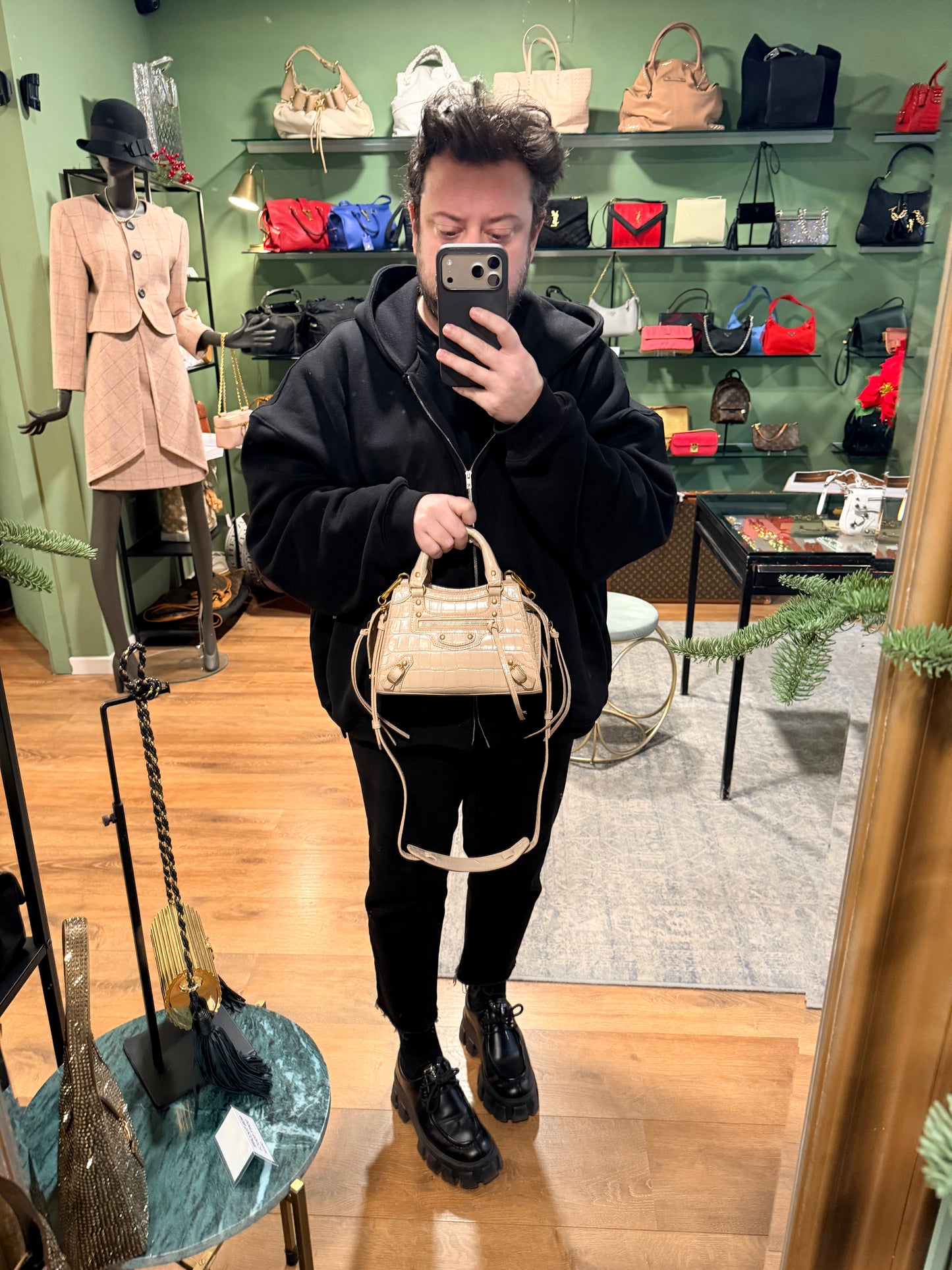 BALENCIAGA BEIGE EMBOSSED CROCODILE MINI NEO CITY HANDBAG