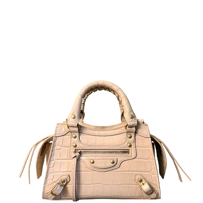 BALENCIAGA BEIGE EMBOSSED CROCODILE MINI NEO CITY HANDBAG