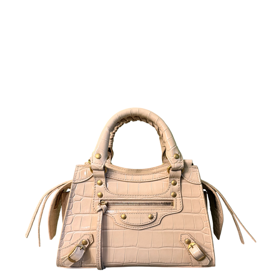 BALENCIAGA BEIGE EMBOSSED CROCODILE MINI NEO CITY HANDBAG