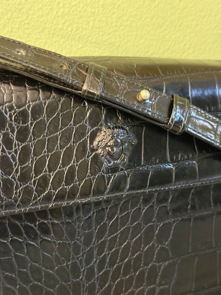 VERSACE BLACK CROCODILE EMBOSSED CROSSBODY BAG