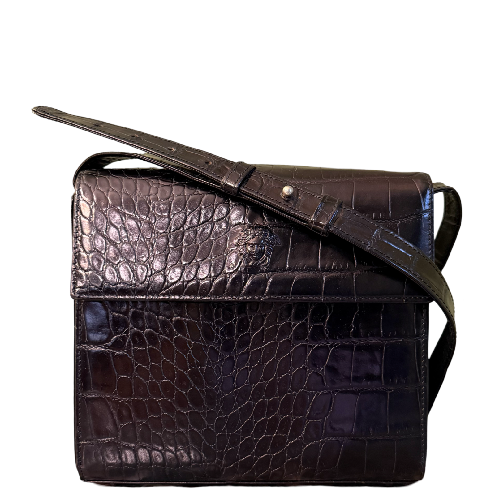 VERSACE BLACK CROCODILE EMBOSSED CROSSBODY BAG