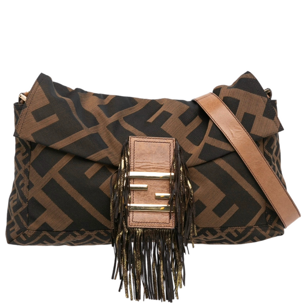 FENDI ZUCCA FRINGE MAXI BAGUETTE CROSSBODY BAG