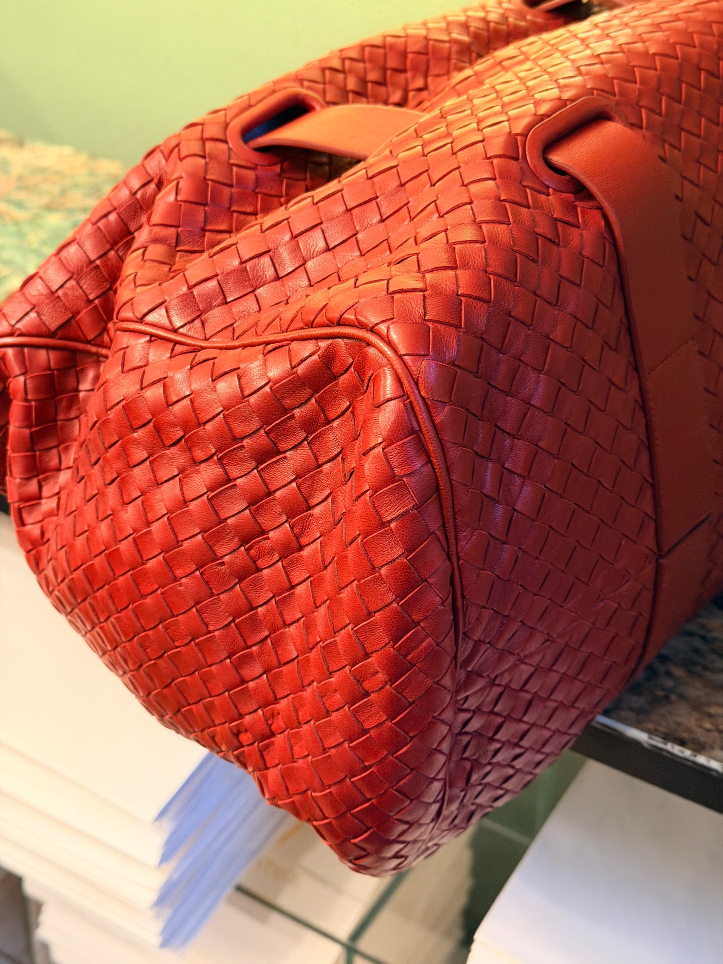 BOTTEGA VENETA RED LARGE BOSTON SHOULDER BAG