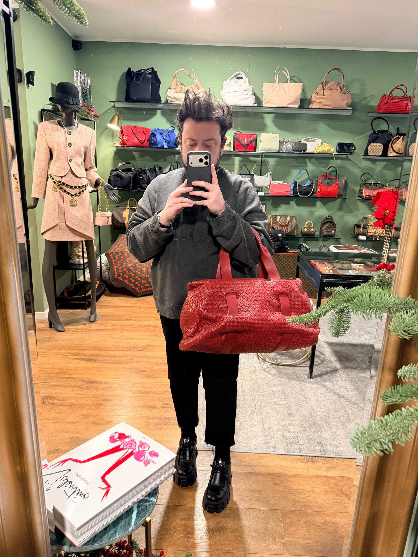 BOTTEGA VENETA RED LARGE BOSTON SHOULDER BAG