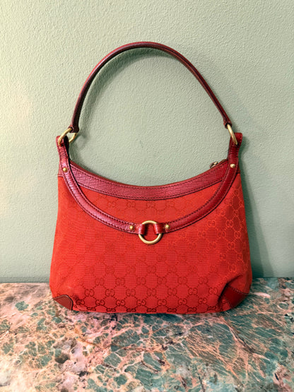 GUCCI RED MONOGRAM HORSEBIT HOBO BAG