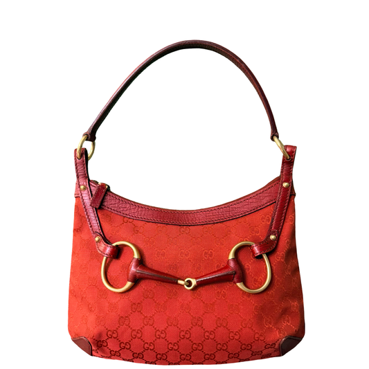 GUCCI RED MONOGRAM HORSEBIT HOBO BAG