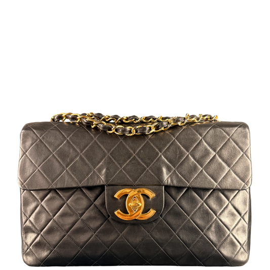 CHANEL BLACK MAXI JUMBO BIG LOGO CLASSIC SINGLE FLAP SHOULDER BAG