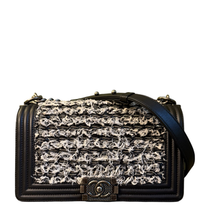 CHANEL BLACK TWEED OLD MEDIUM BOY CROSSBODY BAG