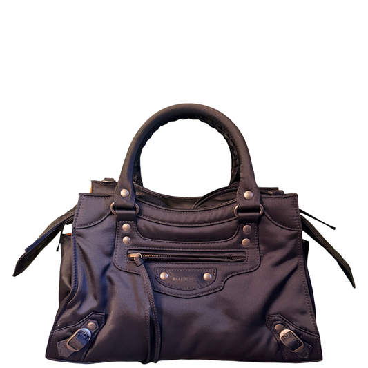 BALENCIAGA BLACK NYLON SMALL NEO CITY HANDBAG