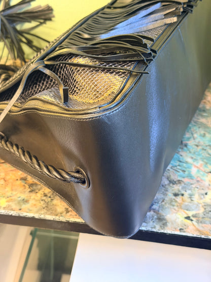 VALENTINO NAVY SNAKE SKIN W/ FRINGE LARGE SHOULDER BAG