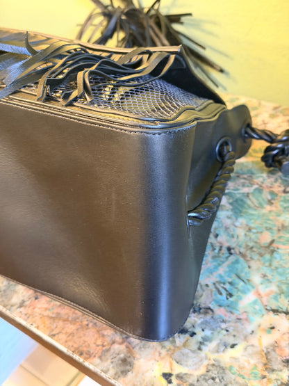 VALENTINO NAVY SNAKE SKIN W/ FRINGE LARGE SHOULDER BAG