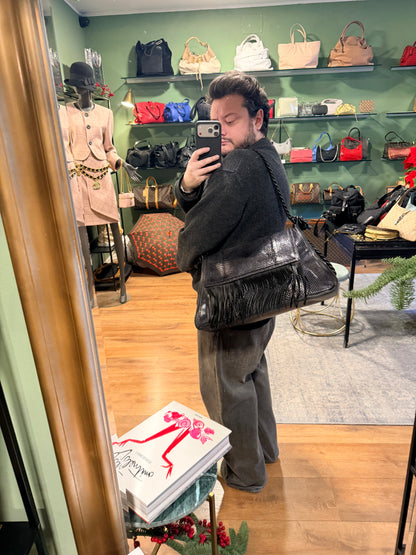 VALENTINO NAVY SNAKE SKIN W/ FRINGE LARGE SHOULDER BAG