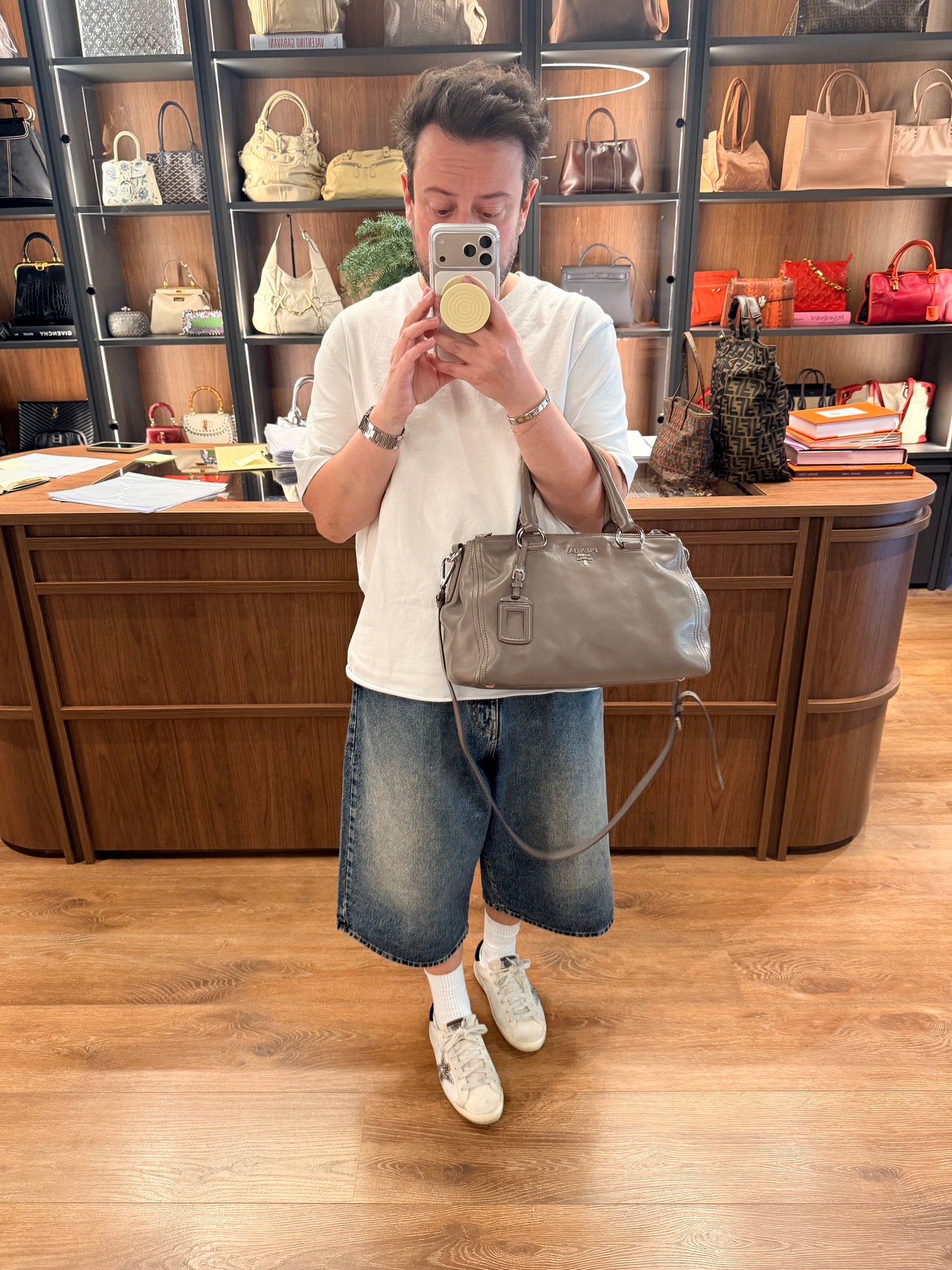 PRADA GRAY SOFT CALF TWO WAY HANDBAG