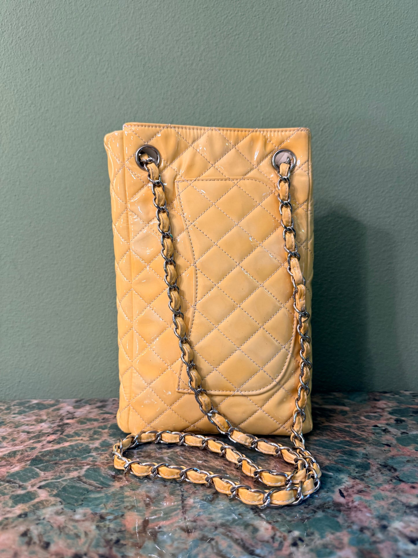 CHANEL YELLOW PATENT VERTICAL TIMELESS SHOULDER BAG