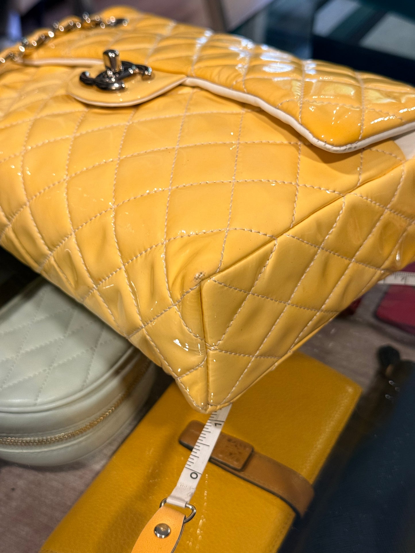 CHANEL YELLOW PATENT VERTICAL TIMELESS SHOULDER BAG