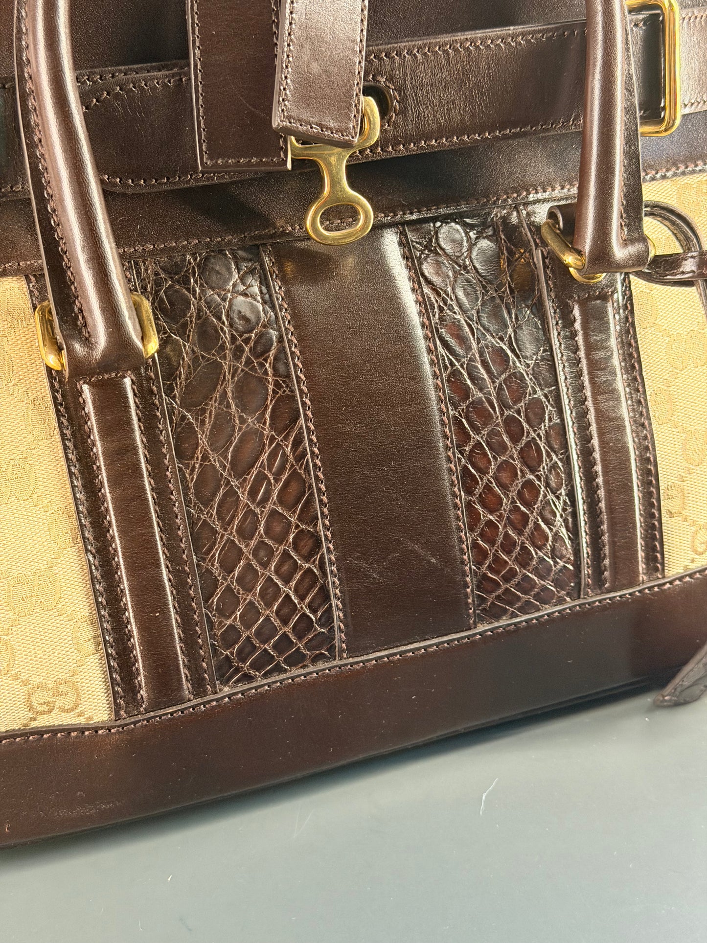 GUCCI GG CANVAS AND CROC EMBOSSED SECRET HANDBAG
