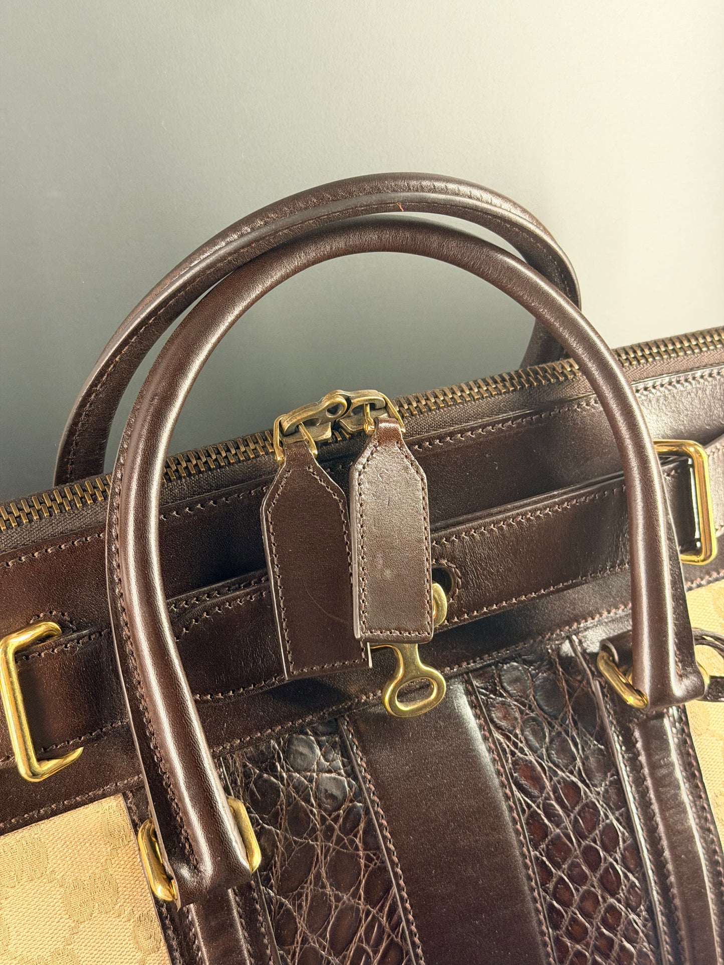 GUCCI GG CANVAS AND CROC EMBOSSED SECRET HANDBAG