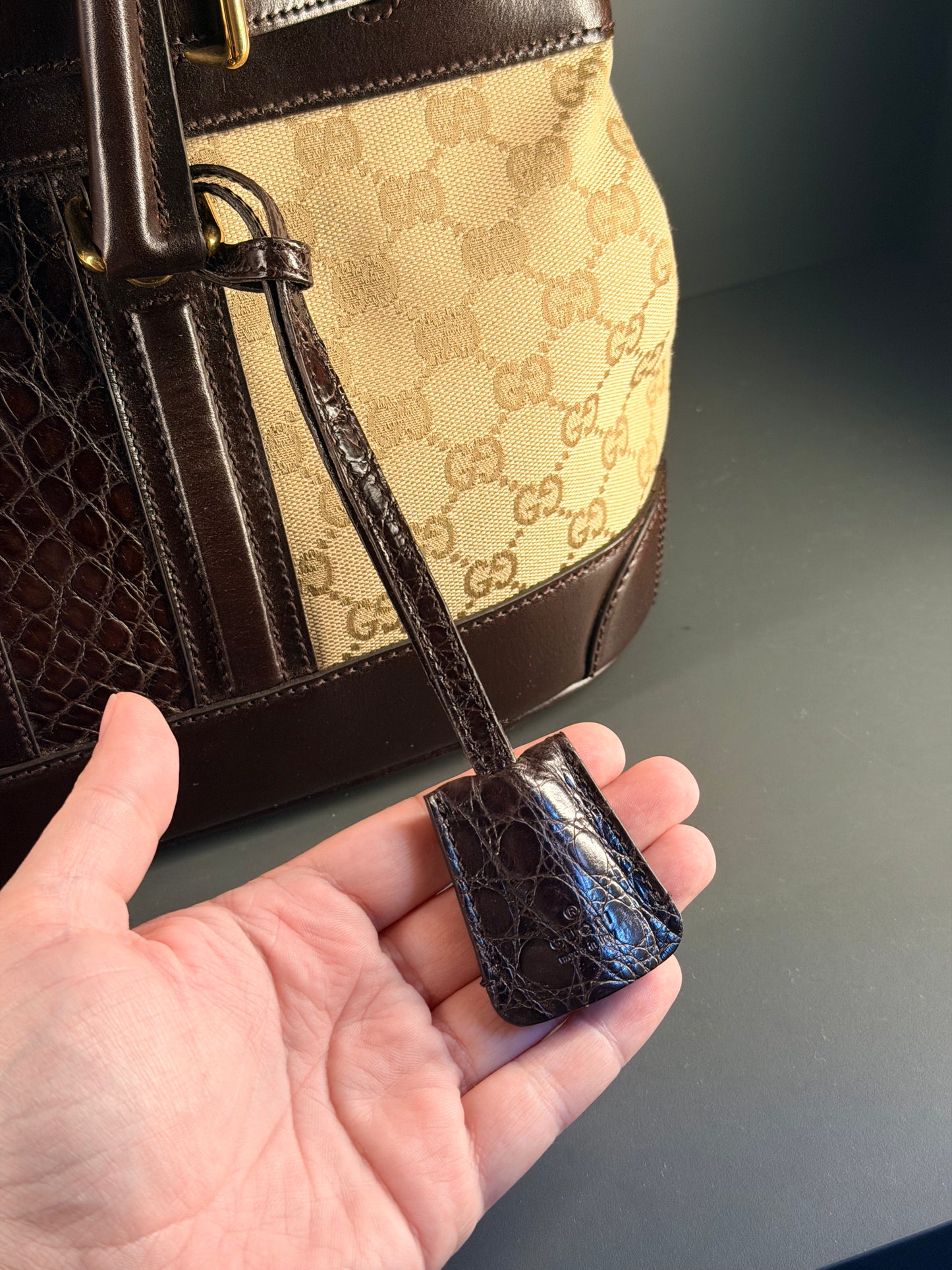 GUCCI GG CANVAS AND CROC EMBOSSED SECRET HANDBAG