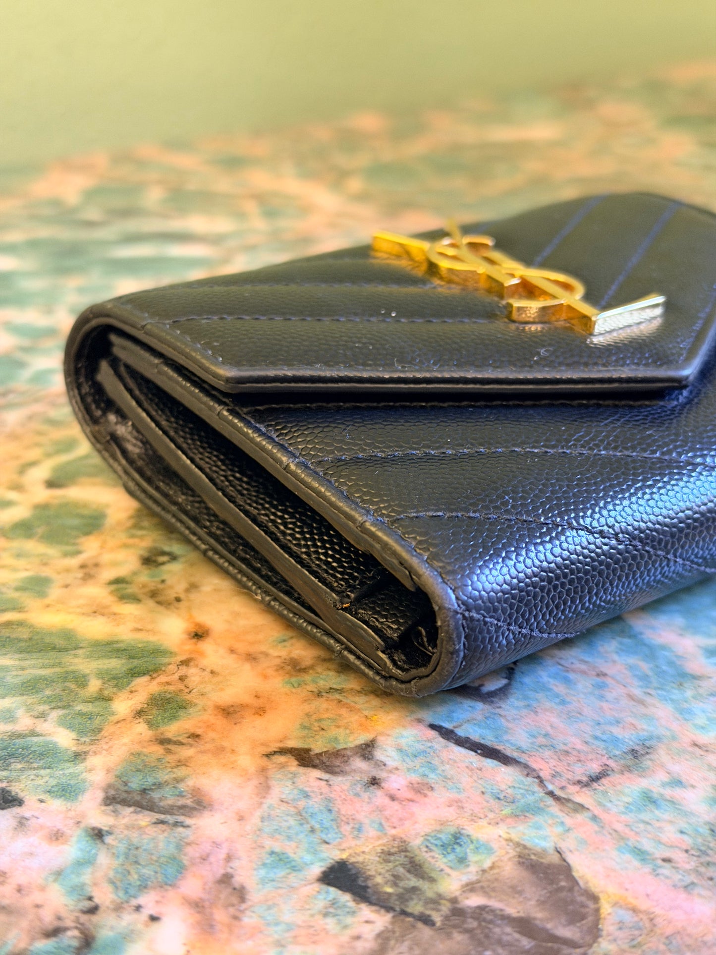 SAINT LAURENT BLACK TRI FOLD CASSANDRE WALLET