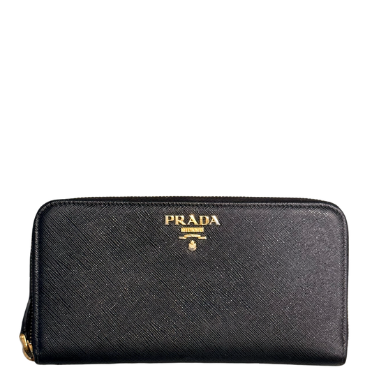 PRADA BLACK SAFFIANO LARGE ZIP AROUND WALLET