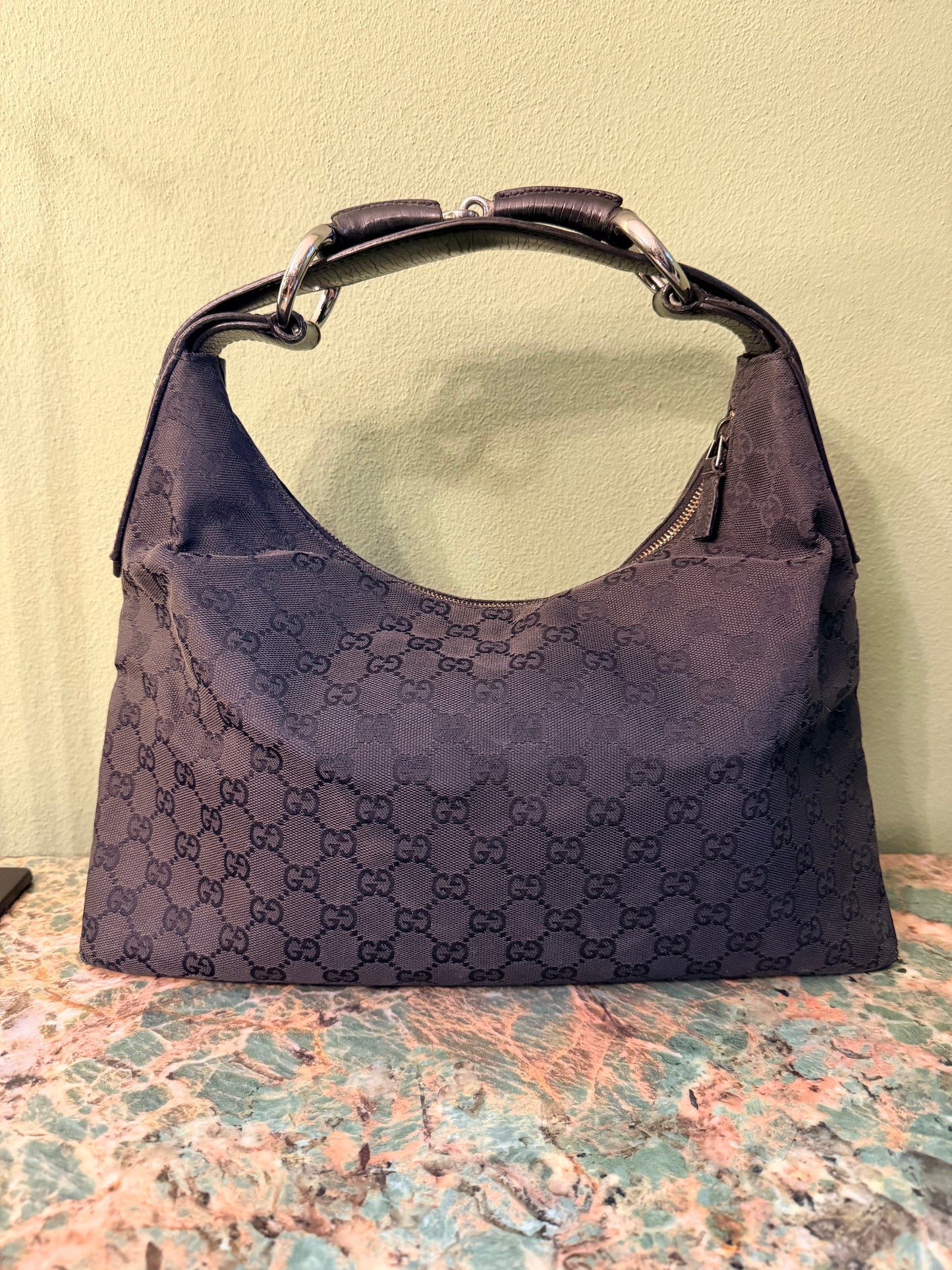 GUCCI BLACK MONOGRAM MEDIUM HORSEBIT HOBO BAG