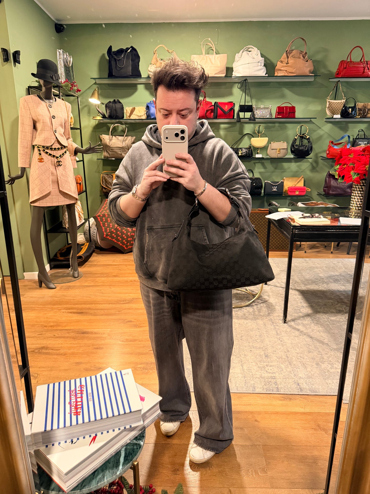 GUCCI BLACK MONOGRAM MEDIUM HORSEBIT HOBO BAG