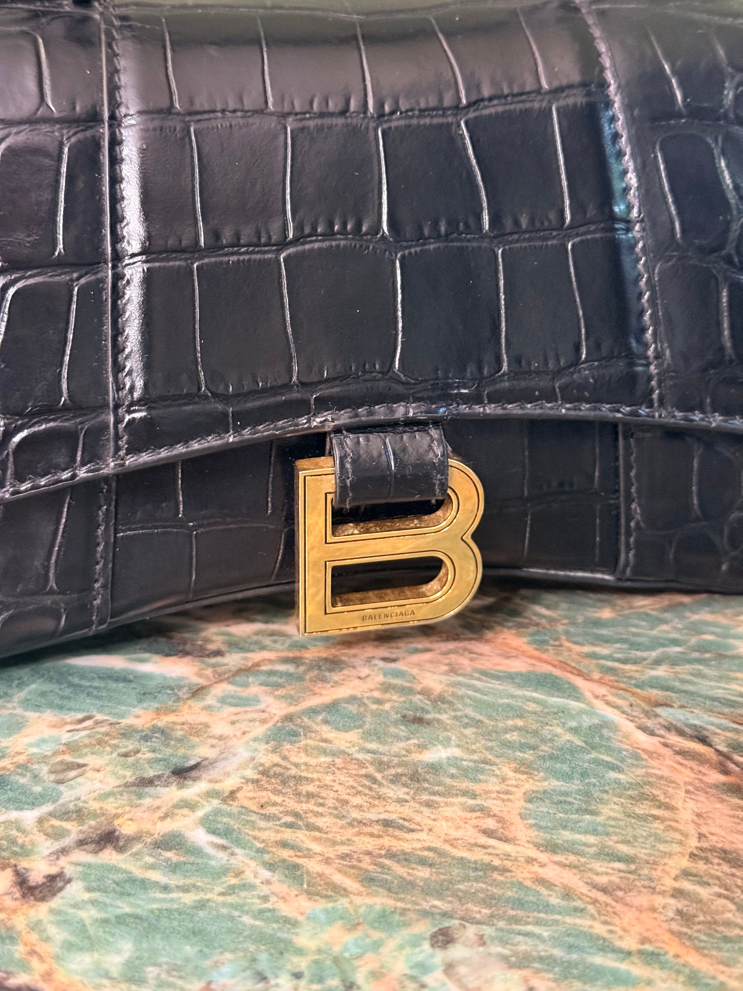 BALENCIAGA BLACK EMBOSSED CROCODILE HOURGLASS XS