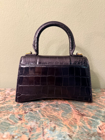BALENCIAGA BLACK EMBOSSED CROCODILE HOURGLASS XS