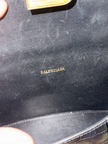 BALENCIAGA BLACK EMBOSSED CROCODILE HOURGLASS XS