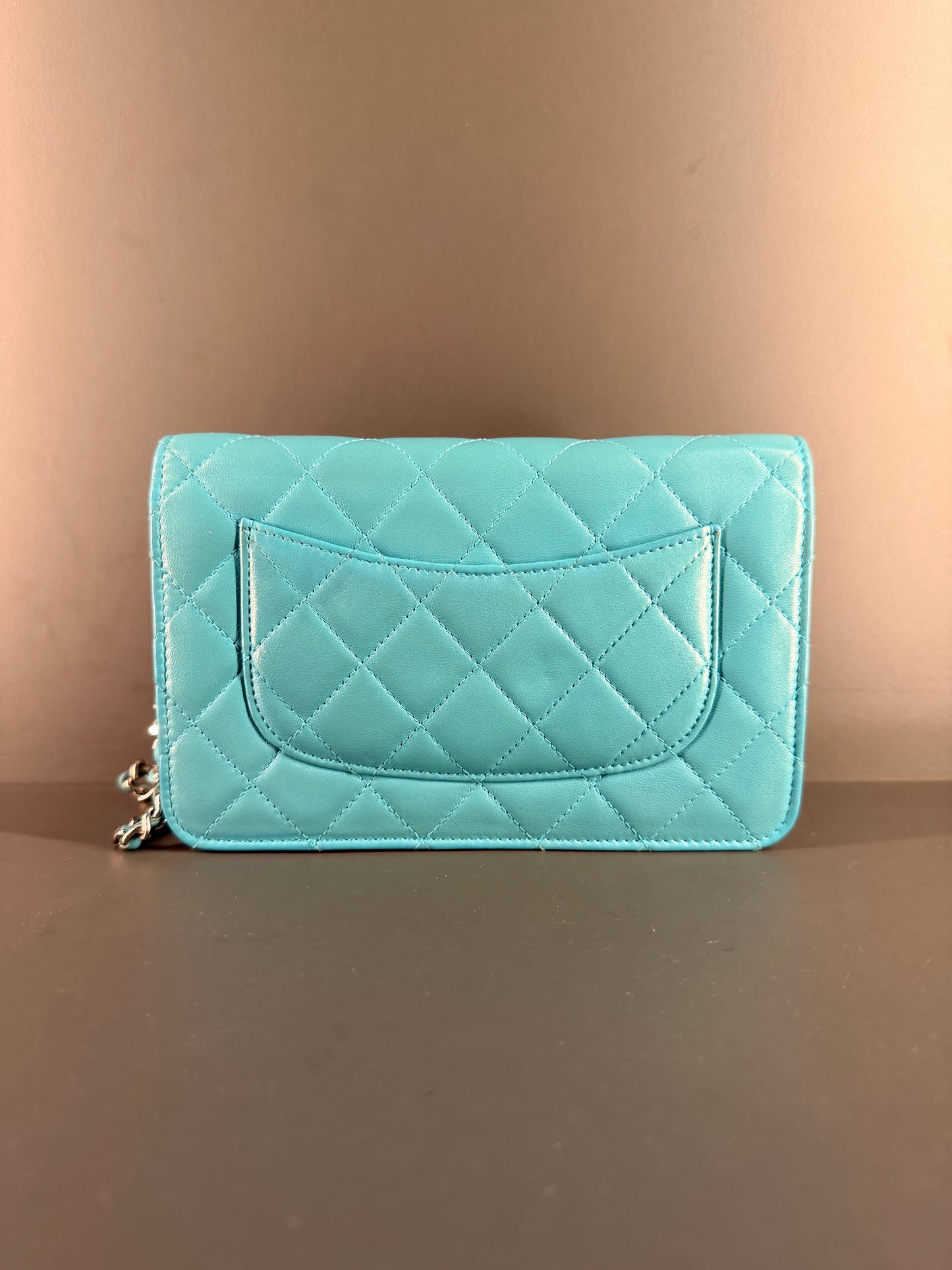 CHANEL LIGHT BLUE LAMBSKIN WALLET ON CHAIN