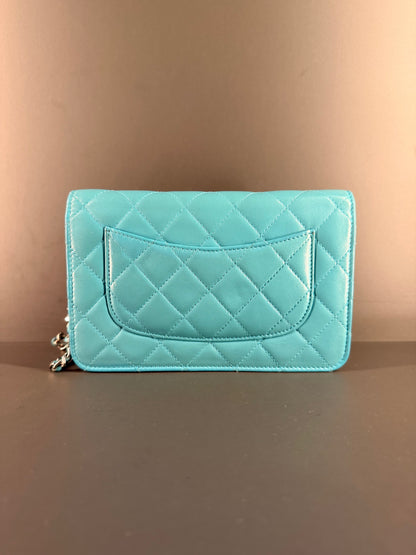 CHANEL LIGHT BLUE LAMBSKIN WALLET ON CHAIN