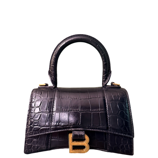 BALENCIAGA BLACK EMBOSSED CROCODILE HOURGLASS XS