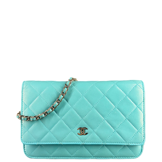 CHANEL LIGHT BLUE LAMBSKIN WALLET ON CHAIN