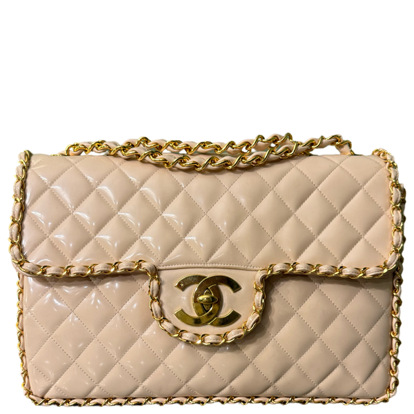 RARE CHANEL CREAM PATENT CHAIN MAXI JUMBO CLASSIC SINGLE FLAP SHOULDER BAG