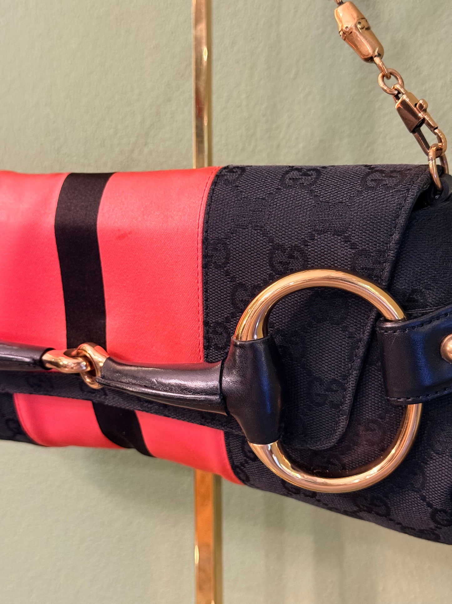 GUCCI BLACK MONOGRAM LARGE HORSEBIT CHAIN SHOULDER BAG