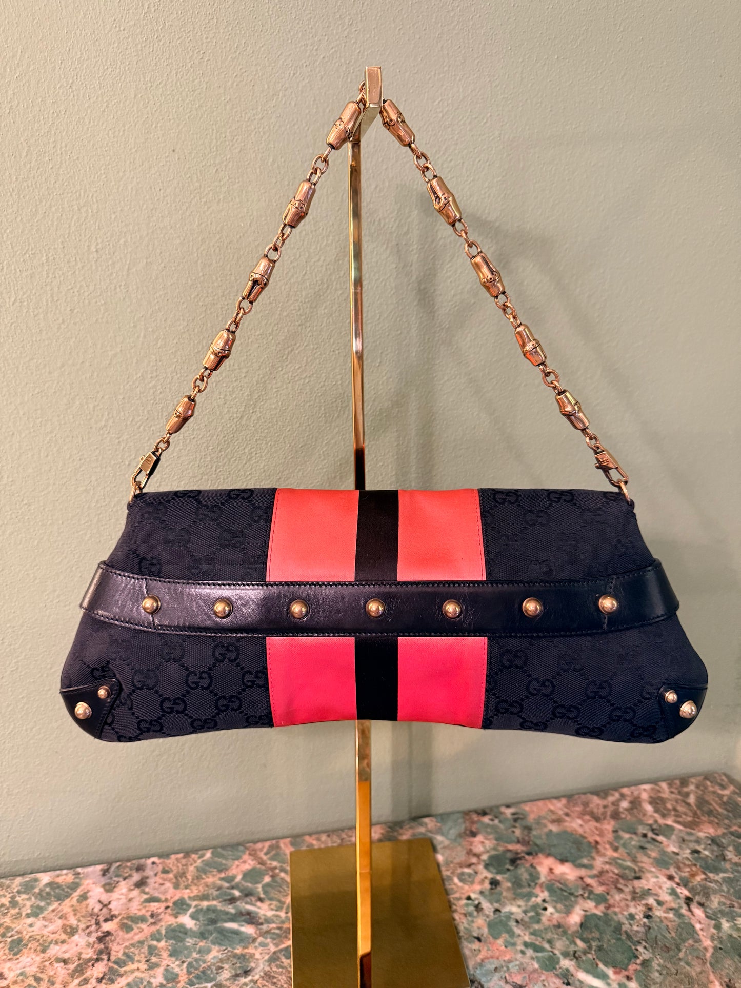 GUCCI BLACK MONOGRAM LARGE HORSEBIT CHAIN SHOULDER BAG