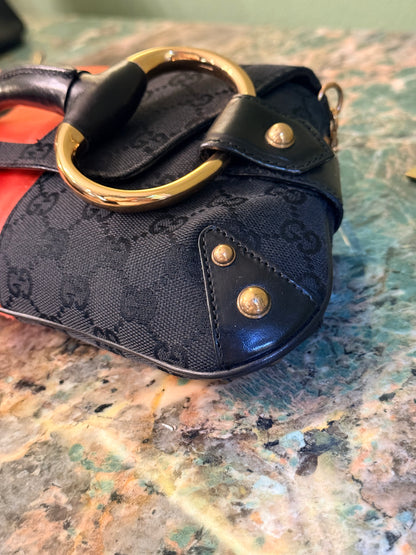 GUCCI BLACK MONOGRAM LARGE HORSEBIT CHAIN SHOULDER BAG