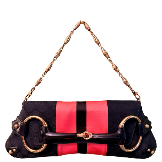 GUCCI BLACK MONOGRAM LARGE HORSEBIT CHAIN SHOULDER BAG