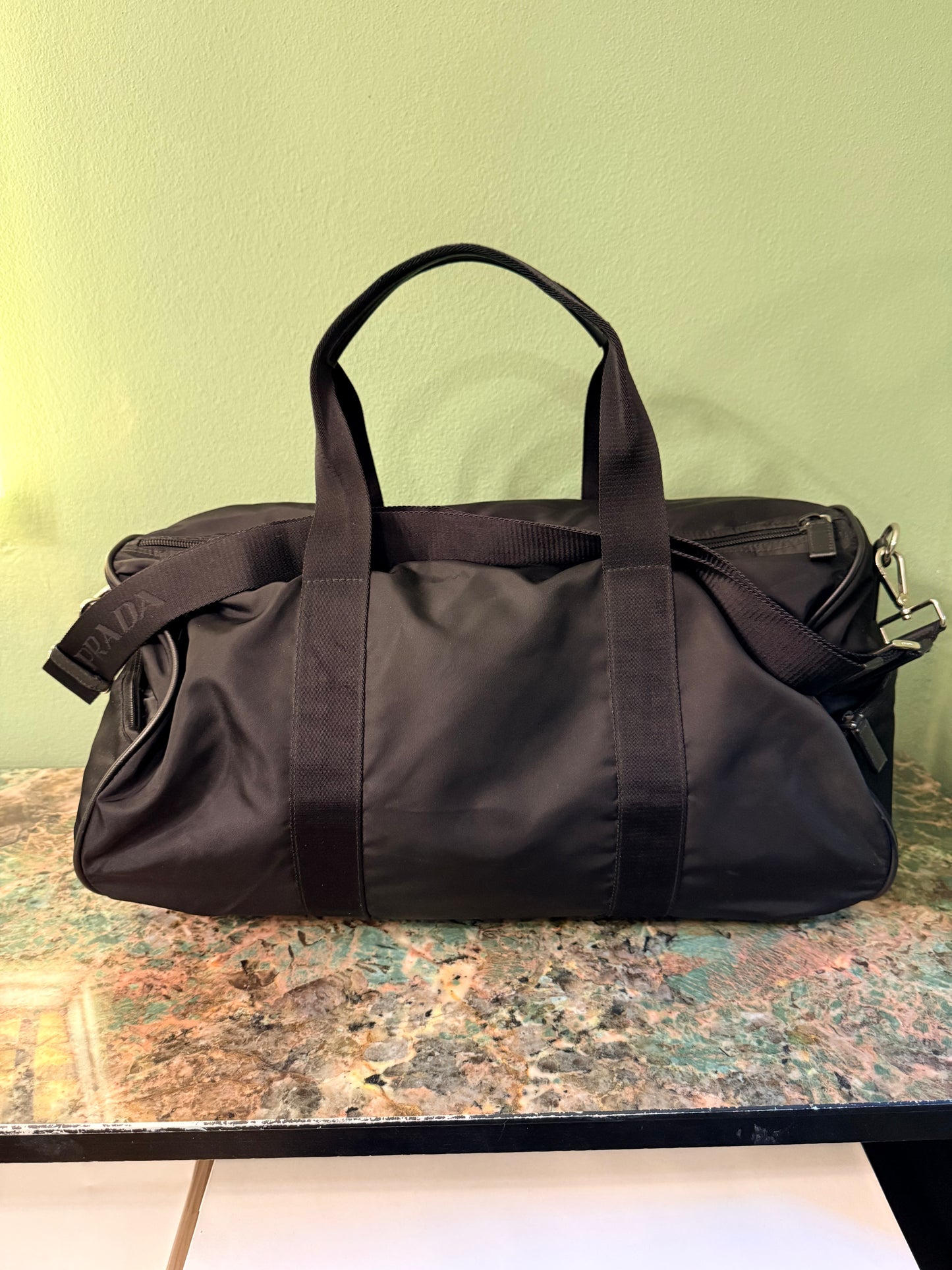 PRADA BLACK NYLON ROUND TRAVEL BAG