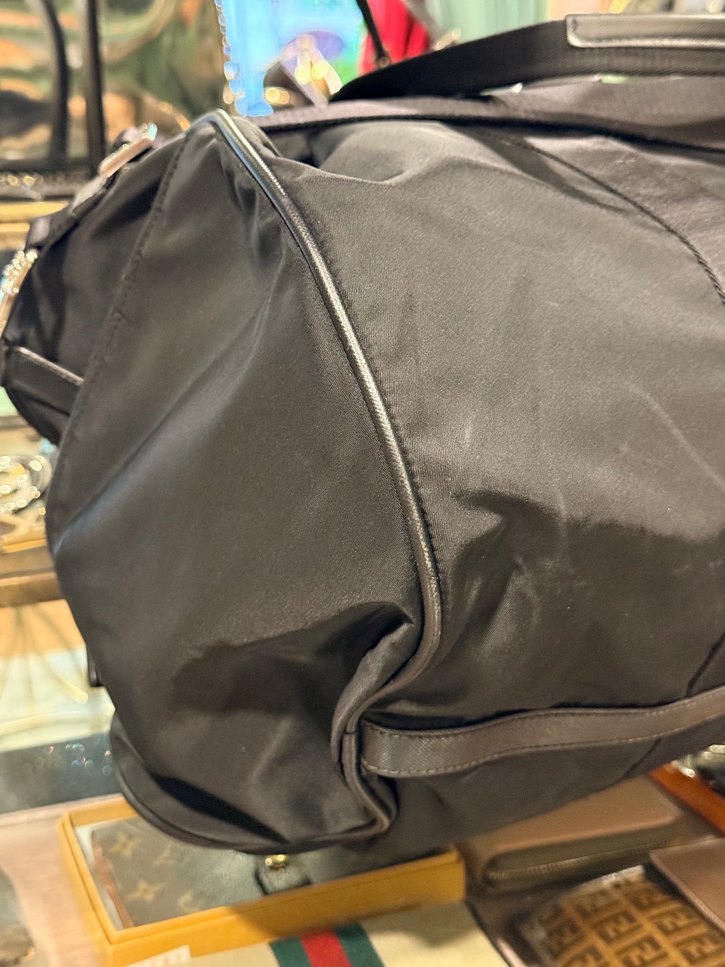 PRADA BLACK NYLON ROUND TRAVEL BAG