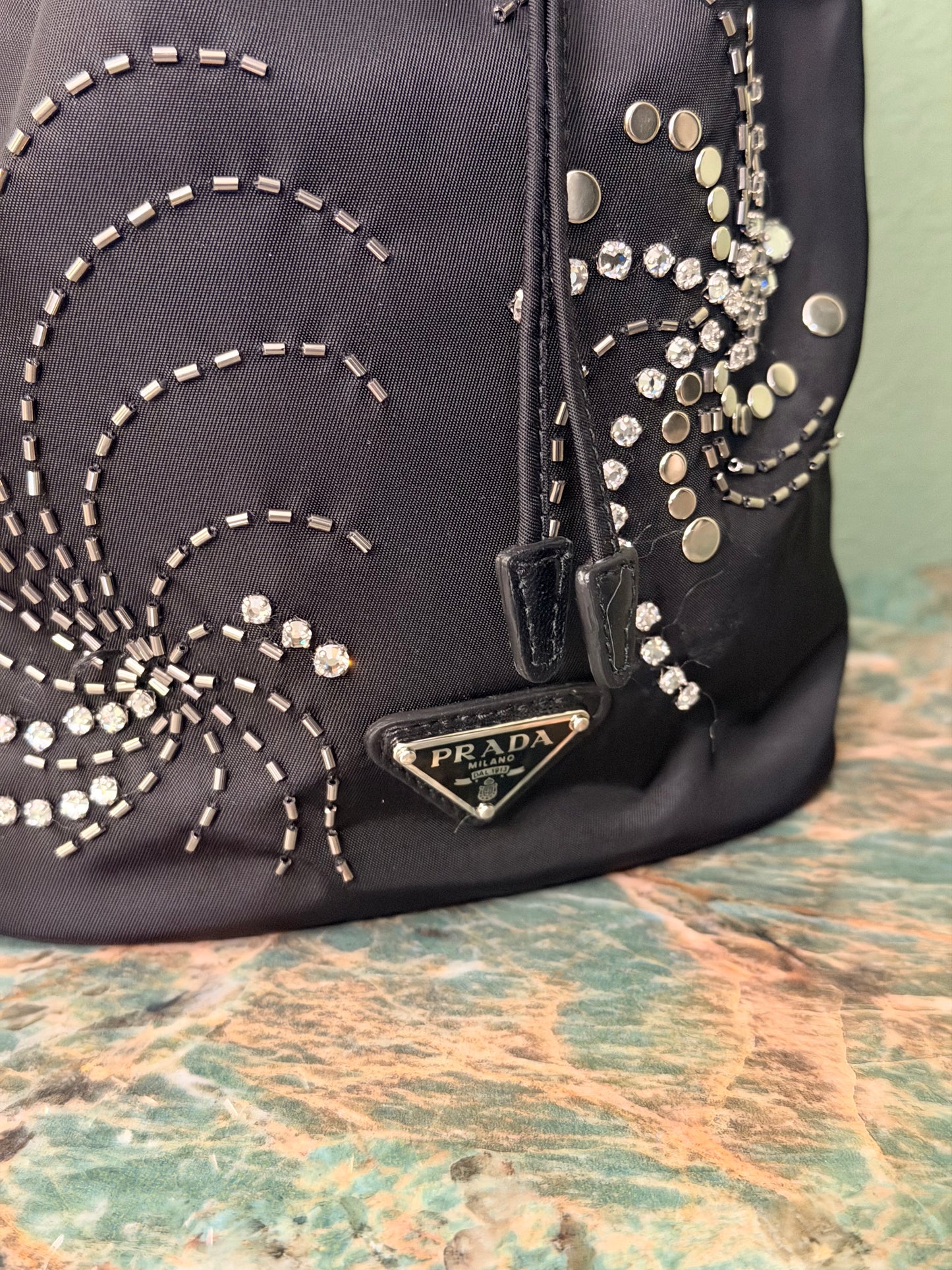PRADA BLACK BEADED NYLON BUCKET HANDBAG