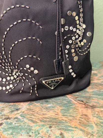 PRADA BLACK BEADED NYLON BUCKET HANDBAG
