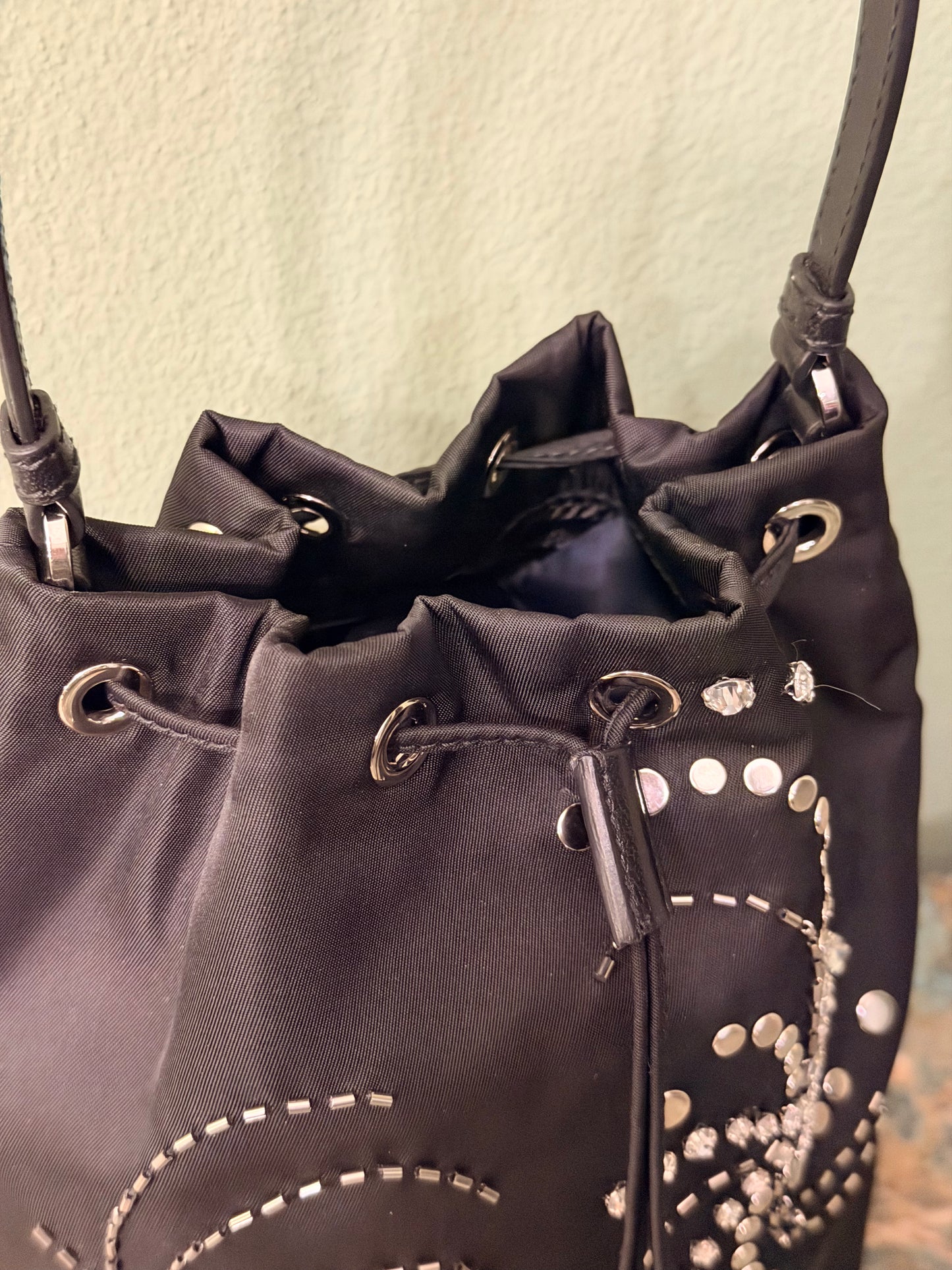 PRADA BLACK BEADED NYLON BUCKET HANDBAG