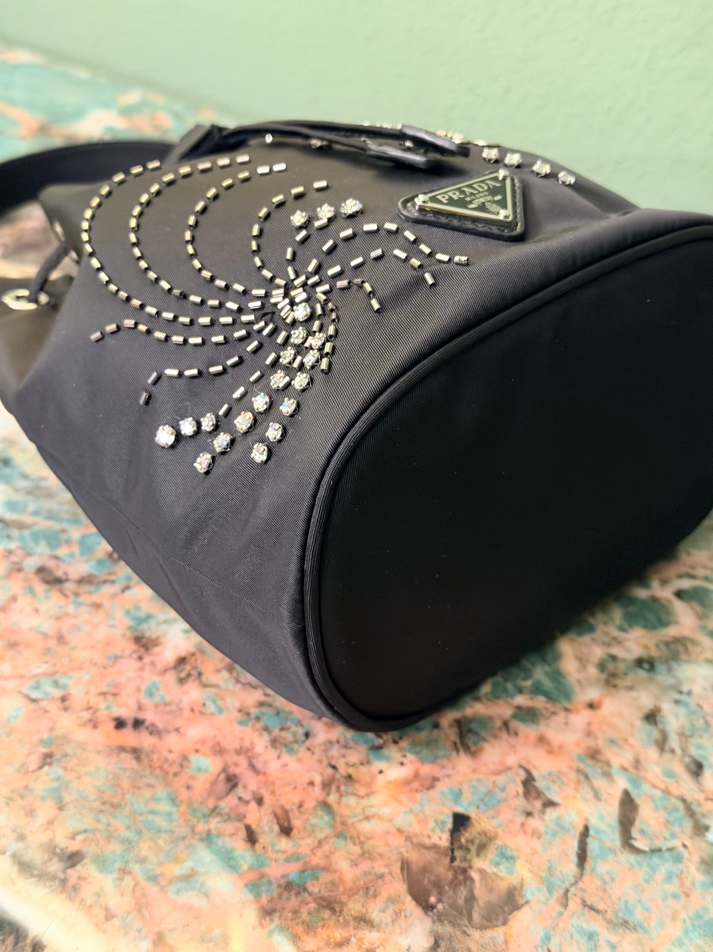 PRADA BLACK BEADED NYLON BUCKET HANDBAG